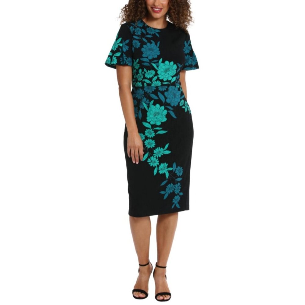 London Times Dress 18 Floral Short Sleeve Stretch Sheath Washable Career Church